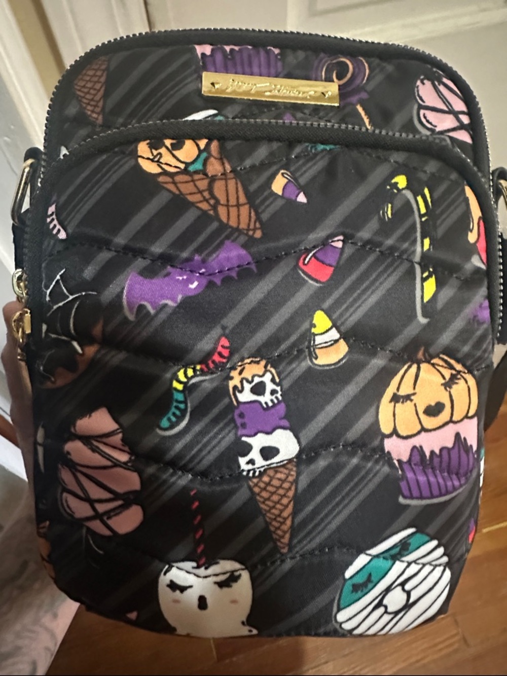 Betsey Johnson Halloween Treats Print Quilted Crossbody Bag - Black NWT